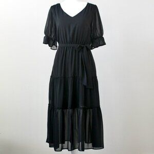 Versona Black Sheer Tiered Puff Short-Sleeve V-Neck Bow Midi Dress Extra Small